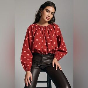 Anthropologie Maeve Red Bubble Blouse with Pink Polka Dots